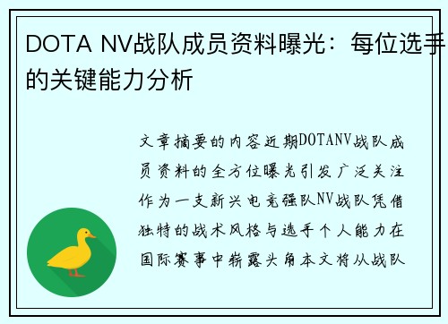 DOTA NV战队成员资料曝光：每位选手的关键能力分析